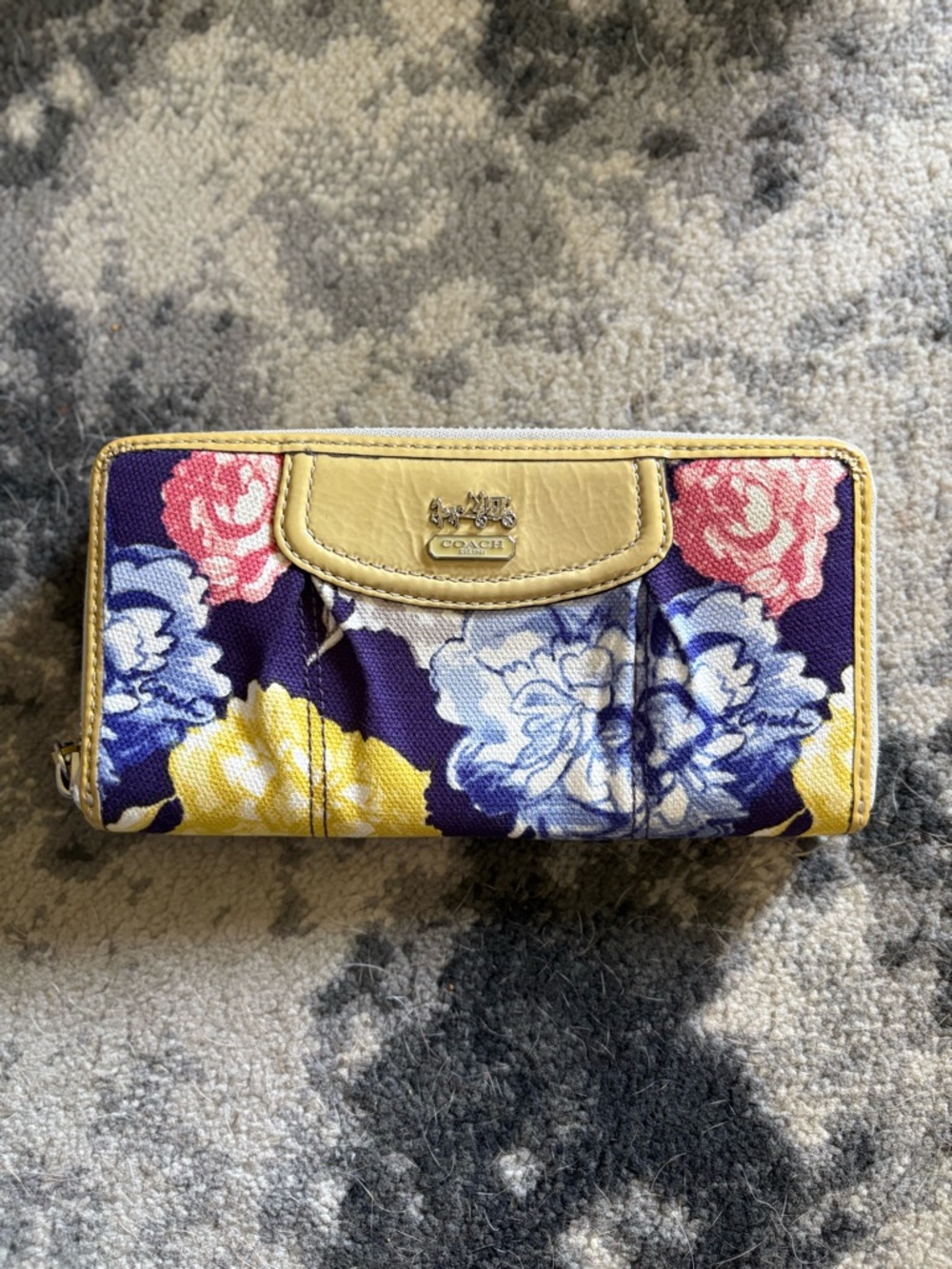 Vintage COACH Navy Floral Zip Wallet with Yellow Trim